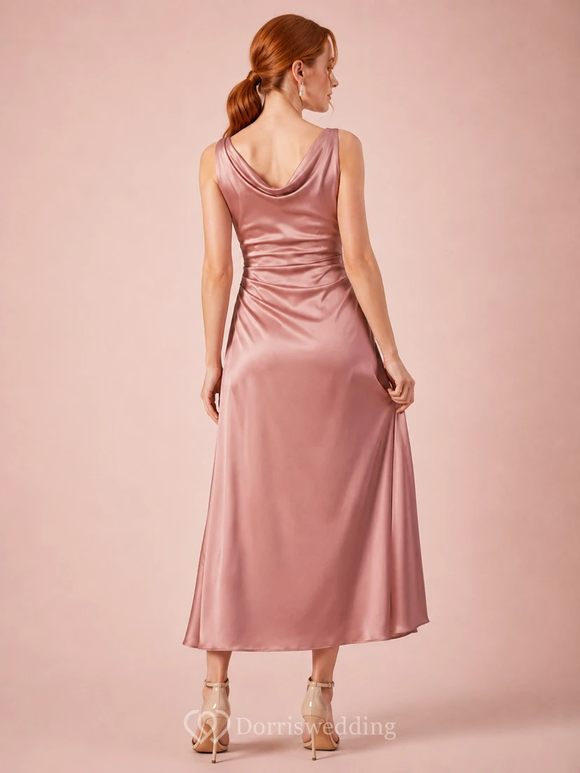 Dusty Rose Cowl Neck Satin Tea Occasion Dress view 2