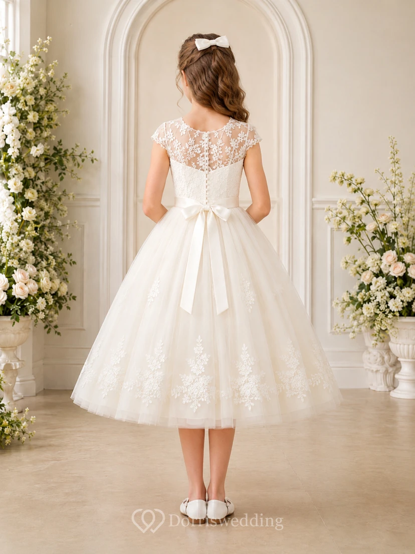 Lace Cap Sleeve Tulle Tea-Length A-Line Floral Garden Flower Girl Dress view 2