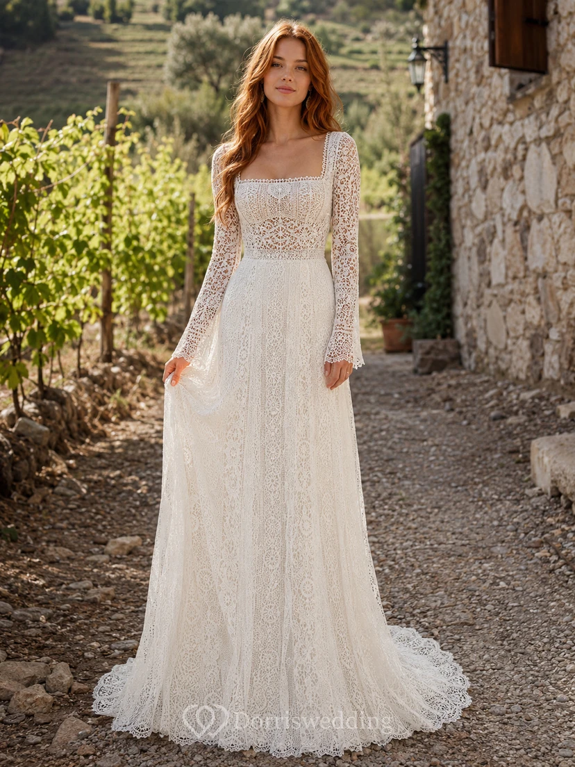 Boho Square Neck Long Sleeve Crochet Lace A-Line Wedding Dress