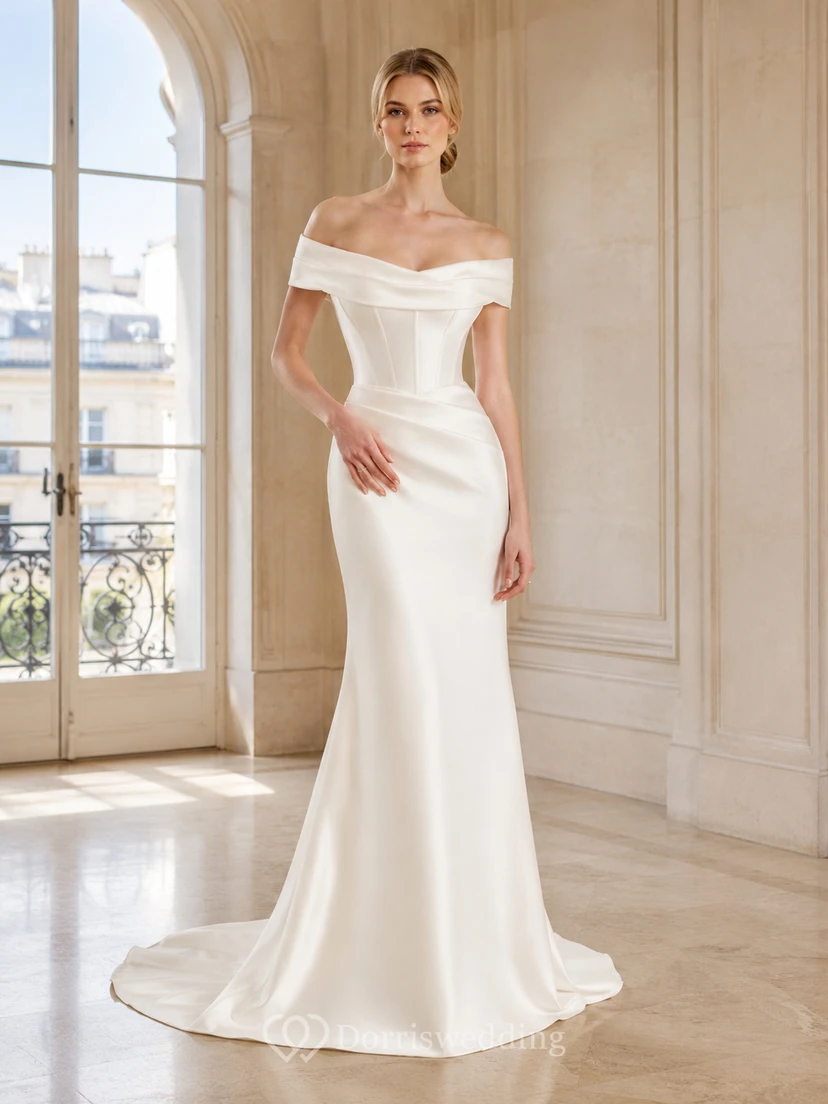 Robe de mariée sirène minimaliste en satin satiné à épaules dénudées et manches courtes