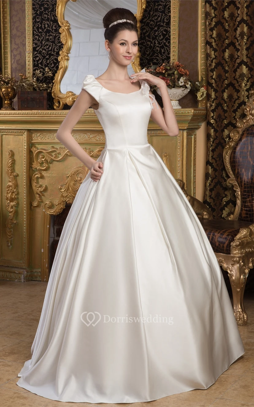 Caped-Sleeve A-Line Satin Ball-Gown With Epaulet view 4