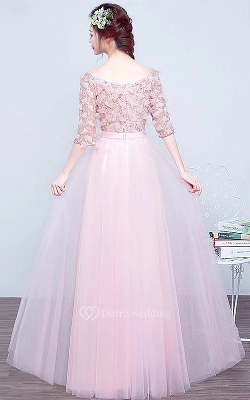 A-Line Bateau Half Sleeves Sequins Long Prom Dress view 2