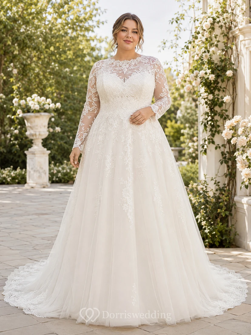 Vestido de novia modesto de encaje y tul, estilo princesa, con cuello joya, mangas largas y cola larga.