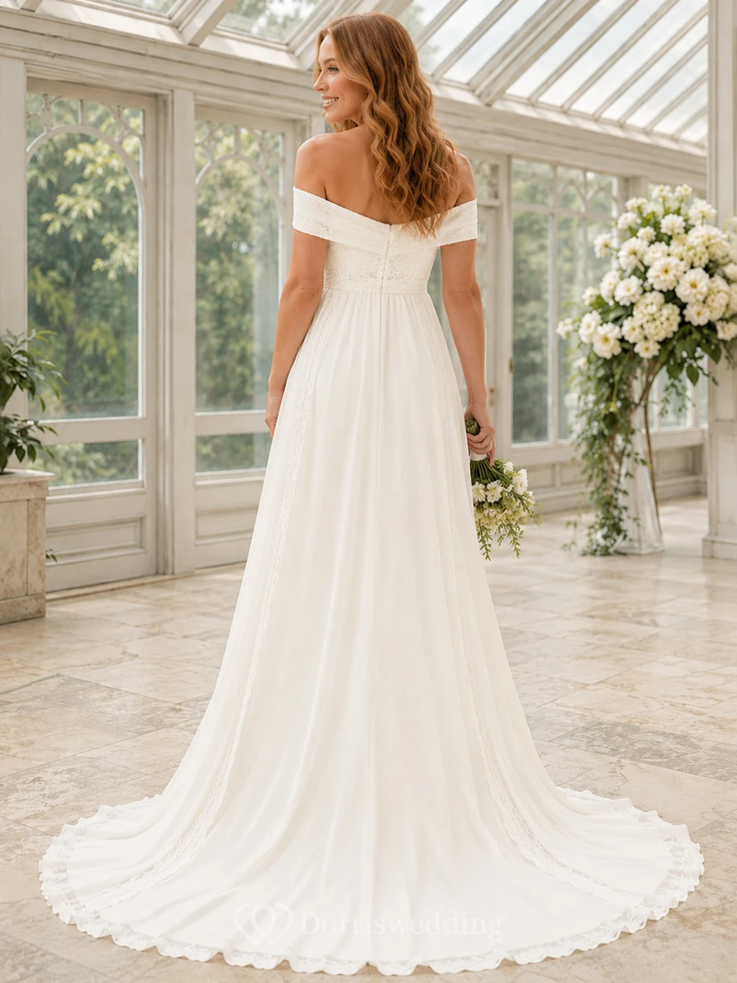 Romantic Maternity Off Shoulder Flutter Chiffon Empire Civil Wedding Gown view 2