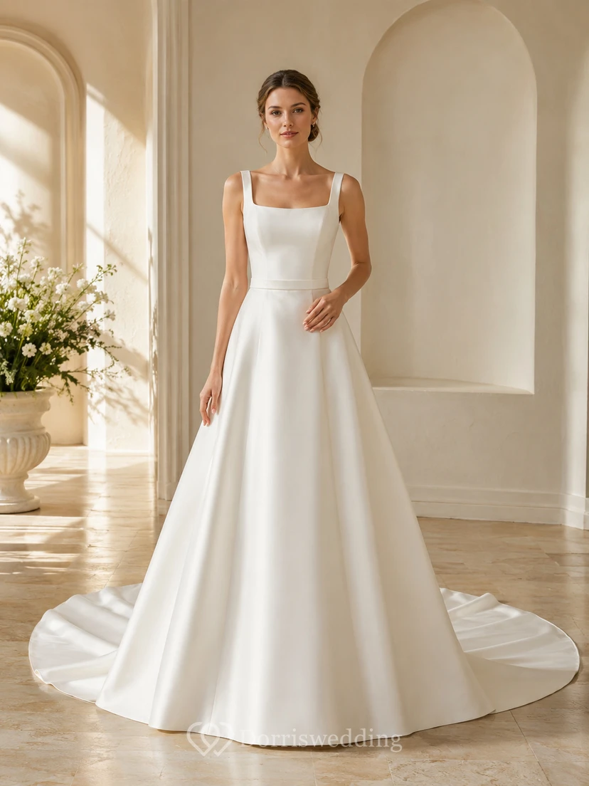 Robe de mariée moderne en satin, sans manches, coupe trapèze, style chapelle, minimaliste, classique, dos nu en U, longueur au sol