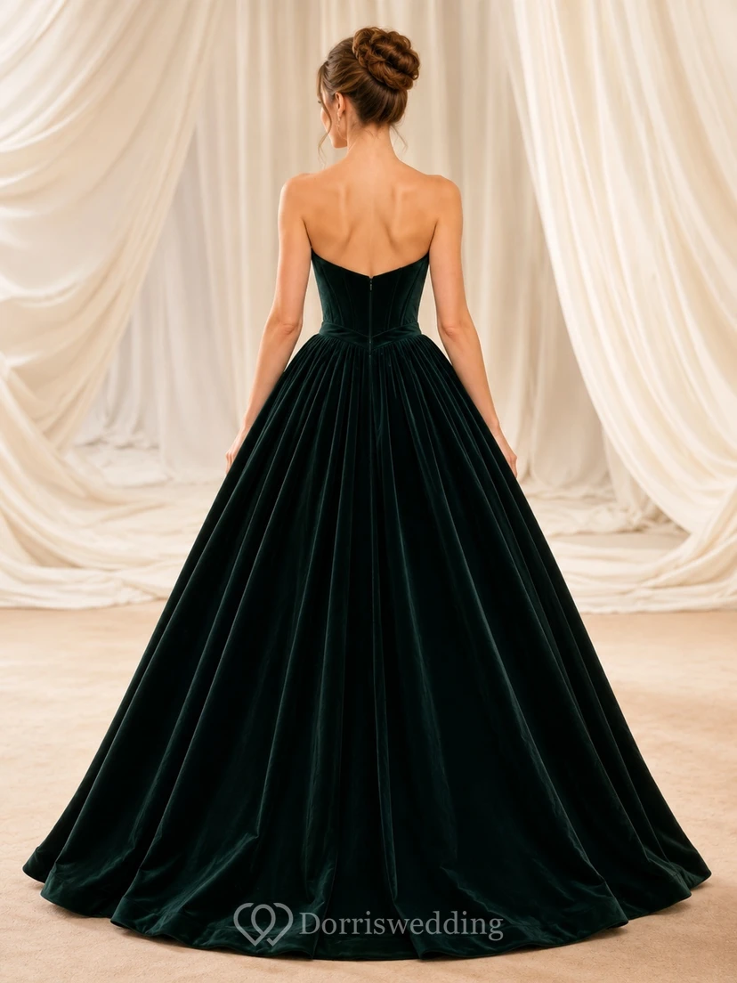 Luxury Dark Green Strapless Sweetheart Velvet Ball Gown Floor-Length Formal Dress view 2