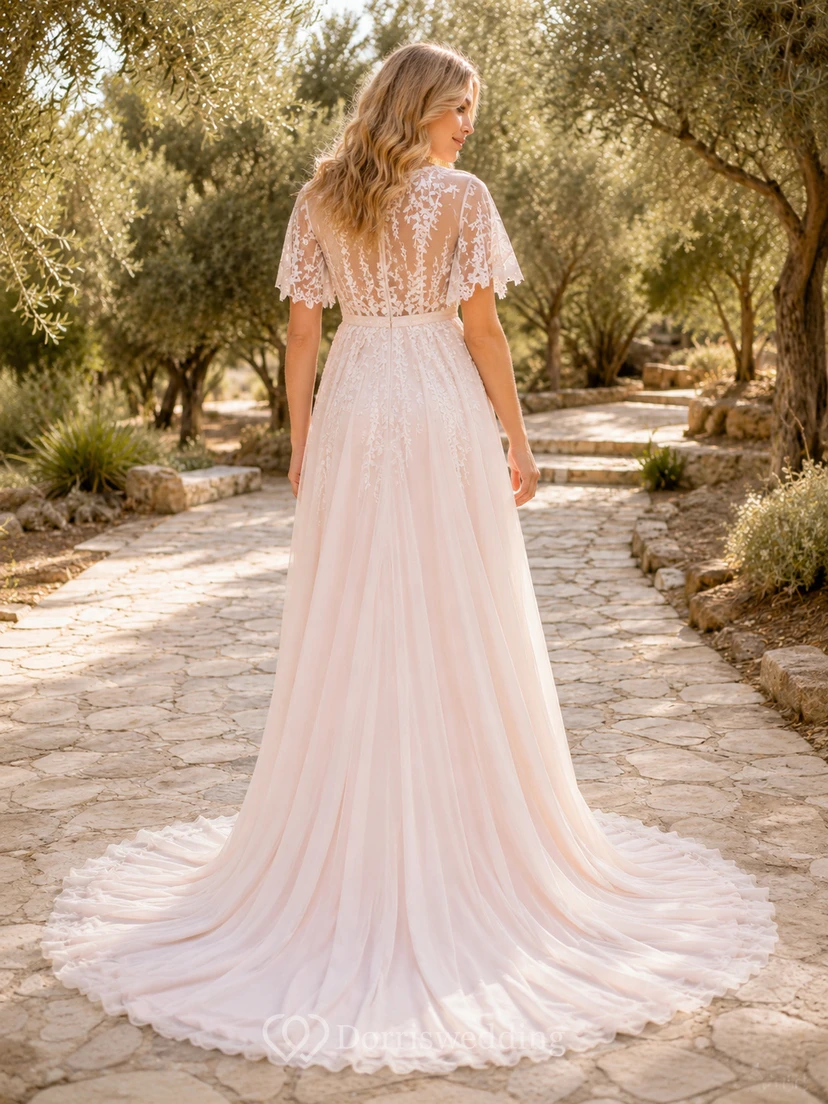 Robe de mariée bohème rose poudré à manches papillon pour maternité view 2