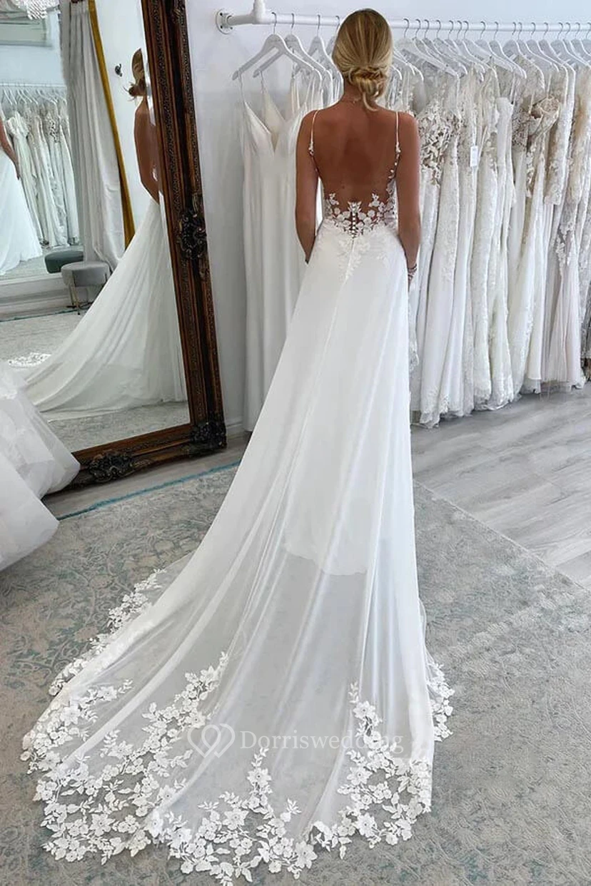 Spaghetti Chiffon Empire Wedding Dress with Lace Top view 2