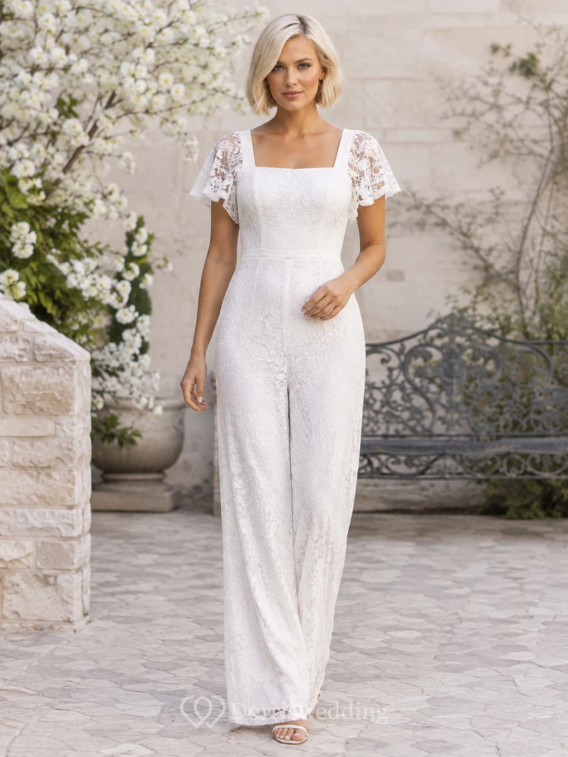 Combinaison en dentelle moderne à col carré et manches bouffantes, tenue de mariage civil au sol