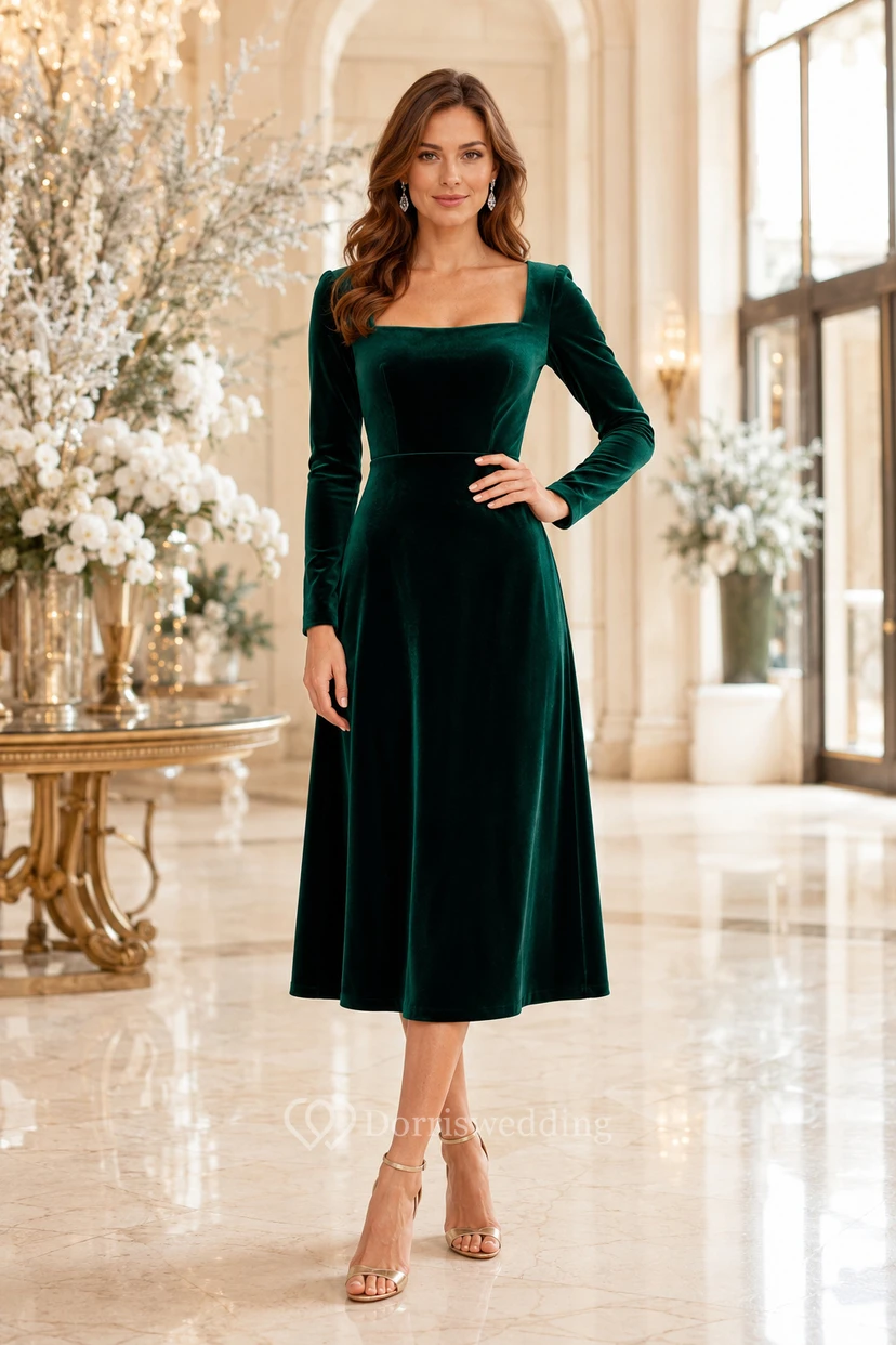 Vestido de invitada de boda de terciopelo verde esmeralda, corte en A, escote cuadrado, manga larga, largo hasta la rodilla.