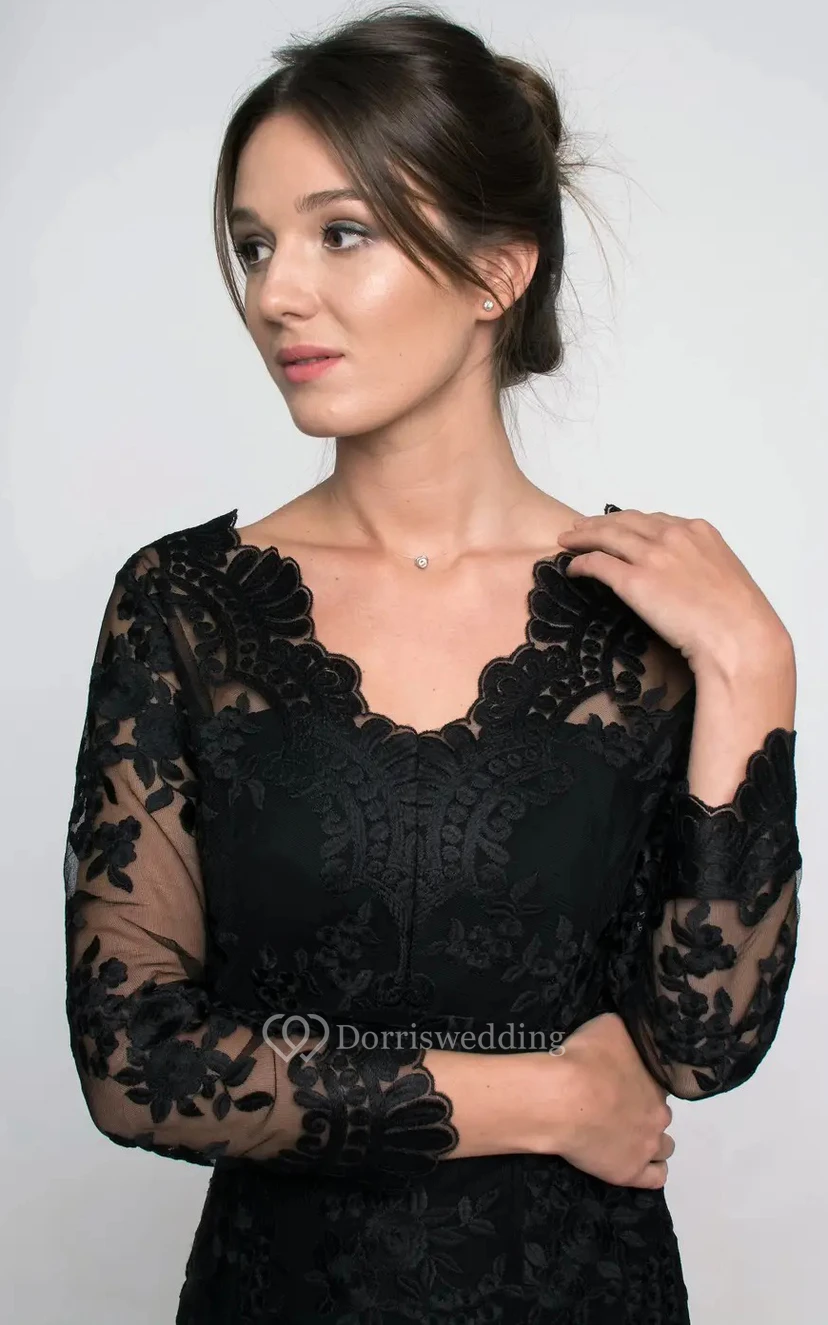 Robe cocktail décontractée à manches 3/4, longueur genou, coupe crayon, en dentelle, fermeture éclair et fente sur le devant view 6