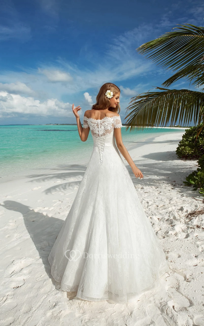 A-Line Long Off-The-Shoulder Short-Sleeve Corset-Back Lace Dress With Bow And Sash view 3