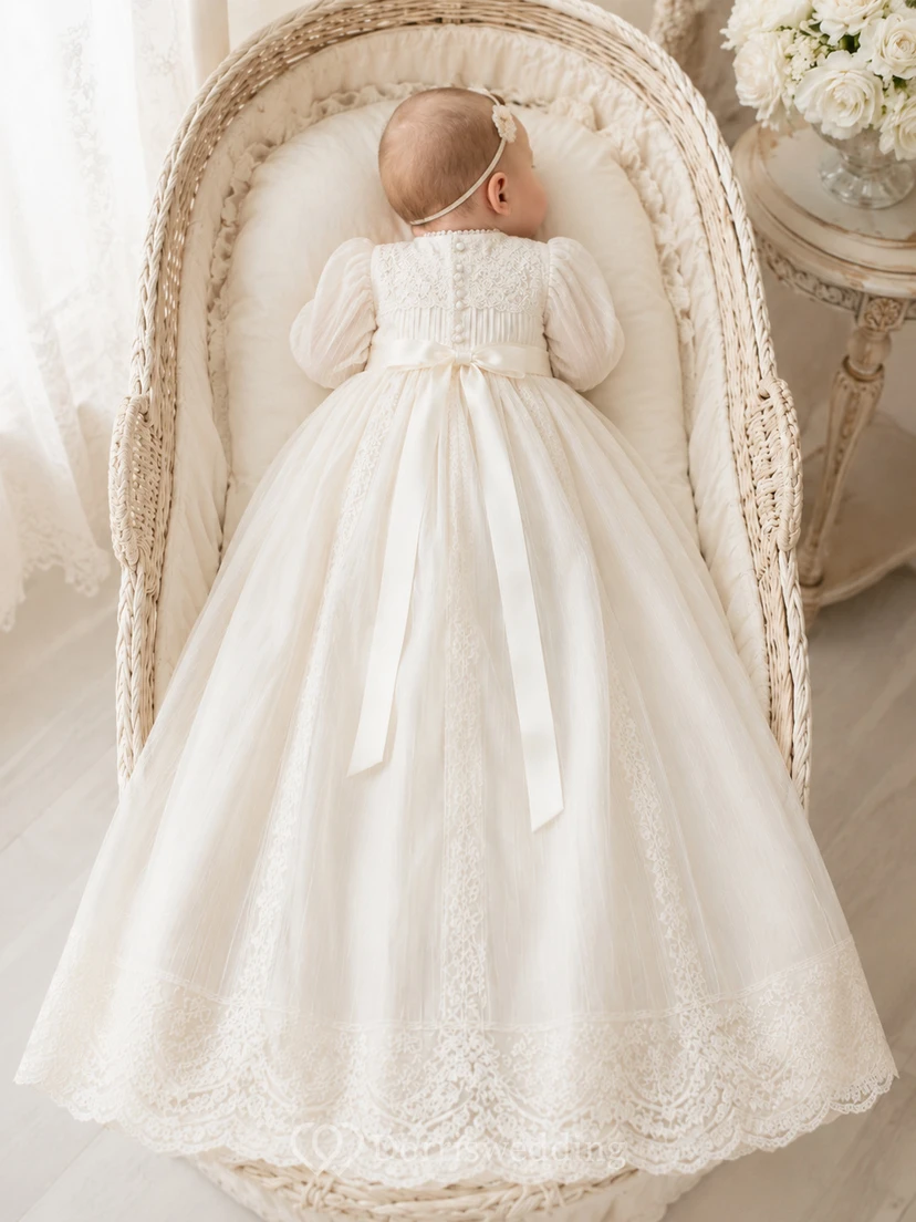 Bishop Sleeve Baptism Gown A-Line Lace Tulle Jewel Neck Floor-Length view 2