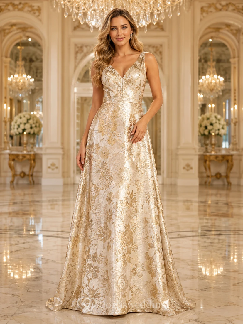Metallic Floral V-Neck Sleeveless A-Line Floor-Length Evening Gown