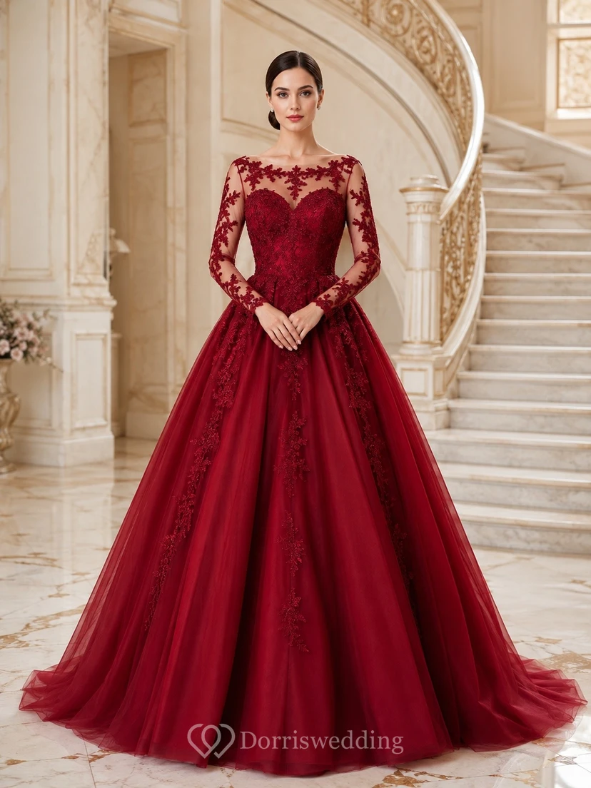Klassisches rotes Spitzen-Ballkleid mit langen Ärmeln und U-Boot-Ausschnitt