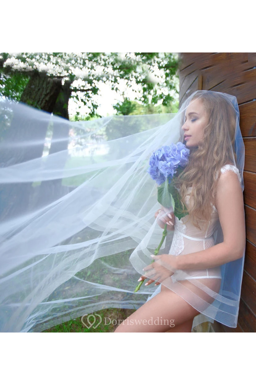 Romantic Sweep Simple Long Tulle Bridal Veil view 3