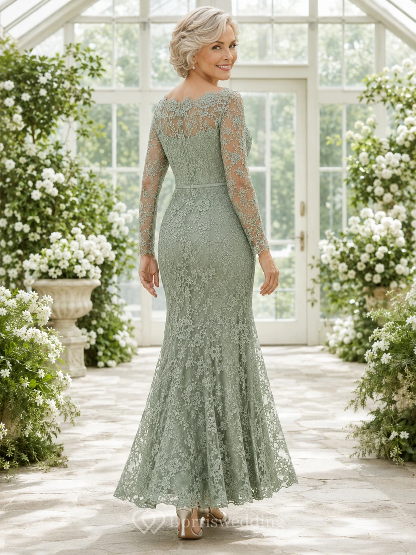 Sage Romantic V-Neck Lace Mermaid Floor-Length Mother of the Bride Dress with Long Illusion Sleeves view 2