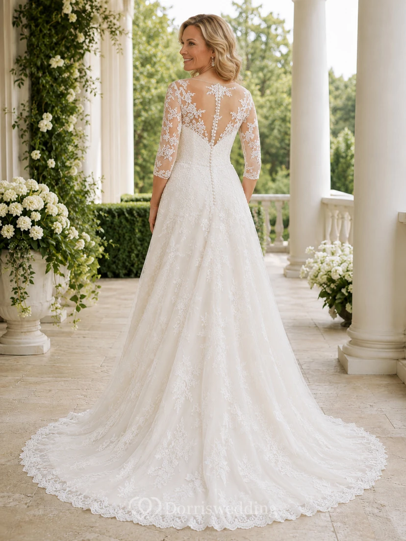 Lace Wedding Dress Mermaid V-Neck Long Sleeve Chapel Train Bridal Gown view 2