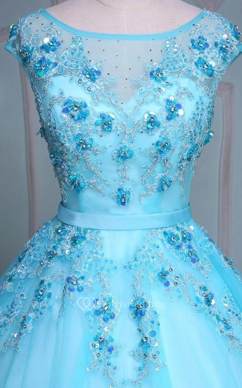 Ball Gown Tea-Length Bell Cap Bat Beading Appliques Court Train Corset Back Tulle Lace Sequins Dress view 4