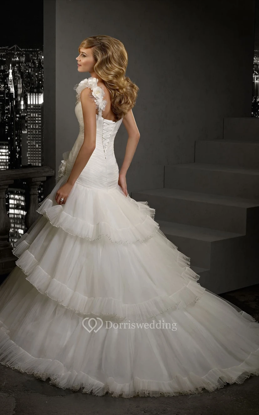 A-Line Floor-Length One-Shoulder Sleeveless Corset-Back Tulle Dress With Tiers And Flower view 2
