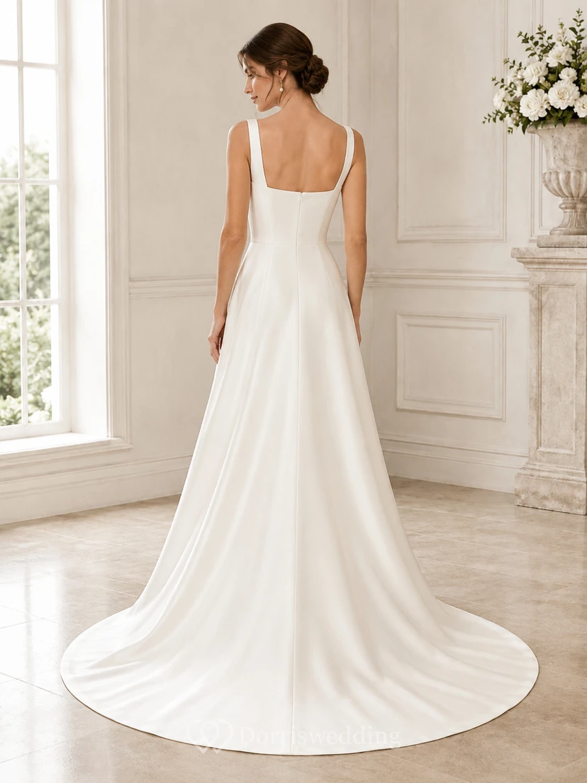 Vestido de novia minimalista de satén, corte en A, escote cuadrado, sin mangas, cola larga. view 2