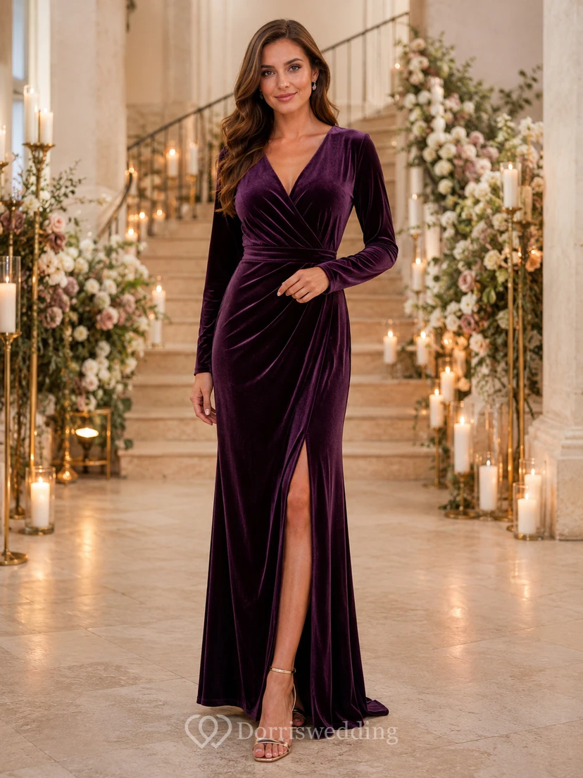 Plum Velvet Long Sleeve Slit Winter Wedding Guest Gown