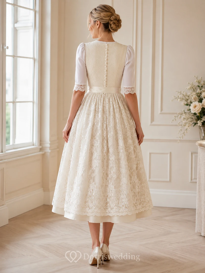 Bridal Dirndl Square Neck Three Quarter Sleeve Lace Apron Tea Wedding Dress view 2