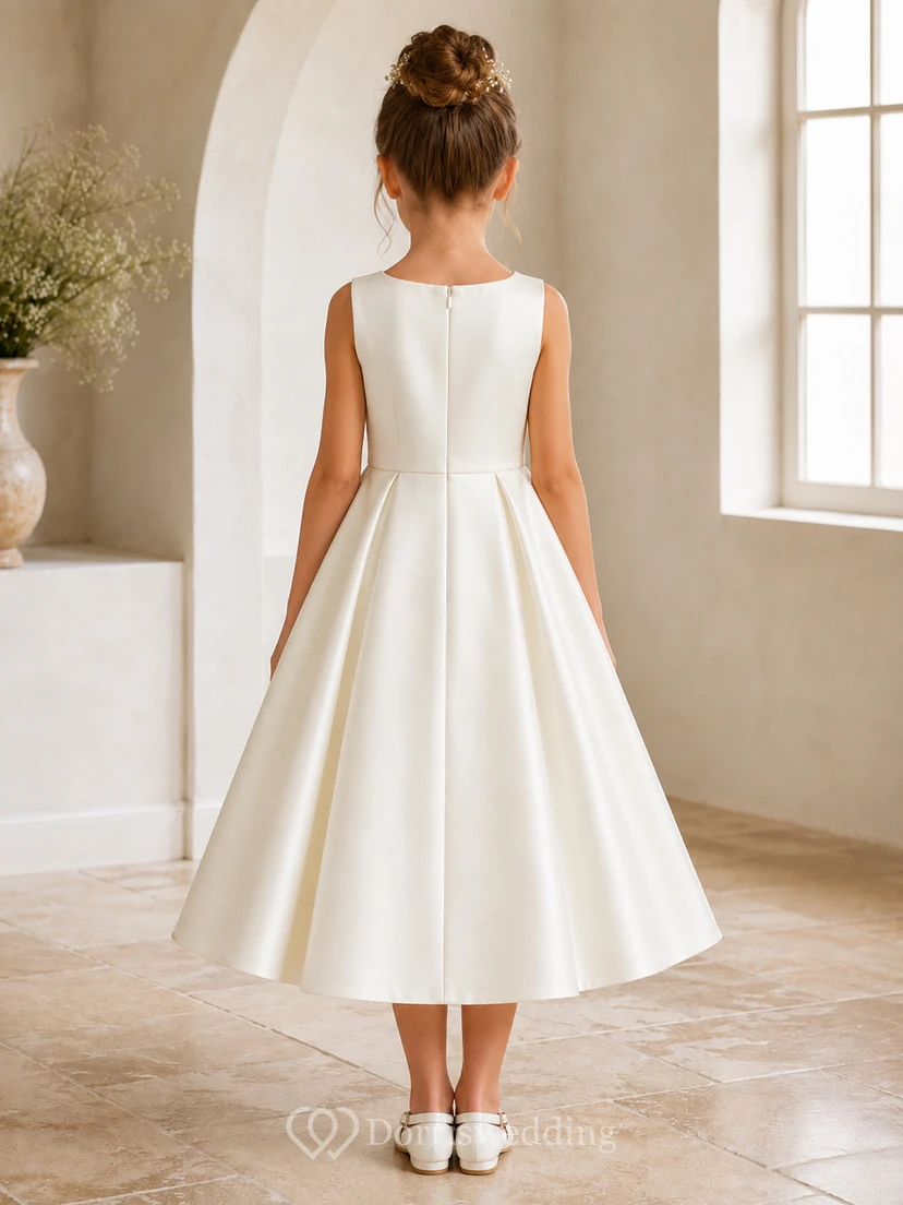 Flower Girl Dress Ivory Satin A-Line Jewel Neck Tea Length Bow Detail view 2
