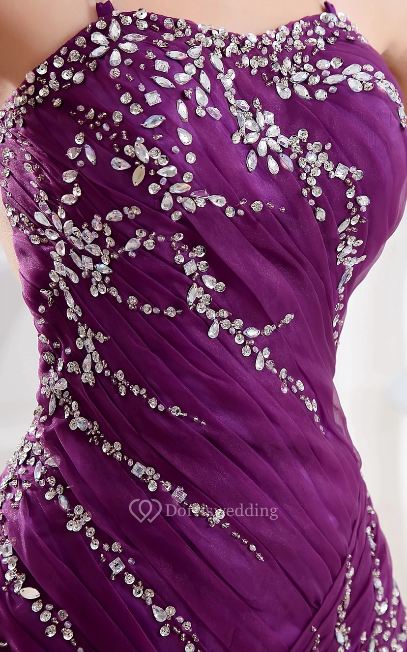 Strapped Sleeveless Ruffled Dress With Beading and Brush Train view 5