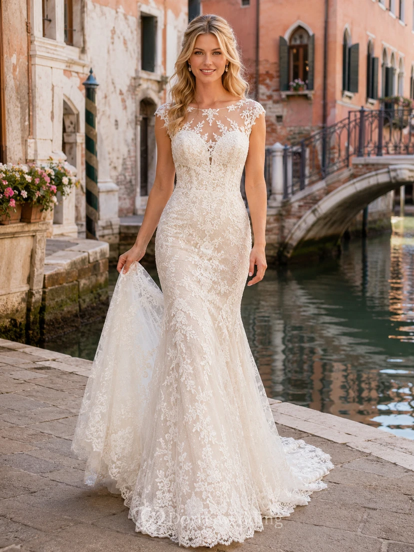 Robe de mariée sirène modeste à manches courtes en dentelle illusion bateau, coupe bateau