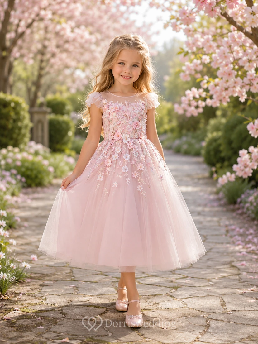 Blushing Pink Floral Applique Cap Sleeve Tulle Tea-Length Garden Flower Girl Dress