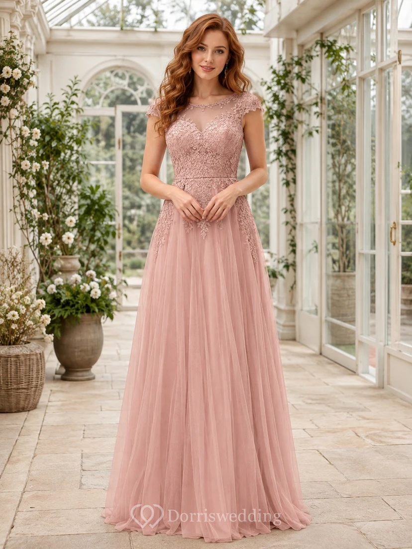 Pearl Pink Short Sleeve Lace A Line Romantic Evening Dress