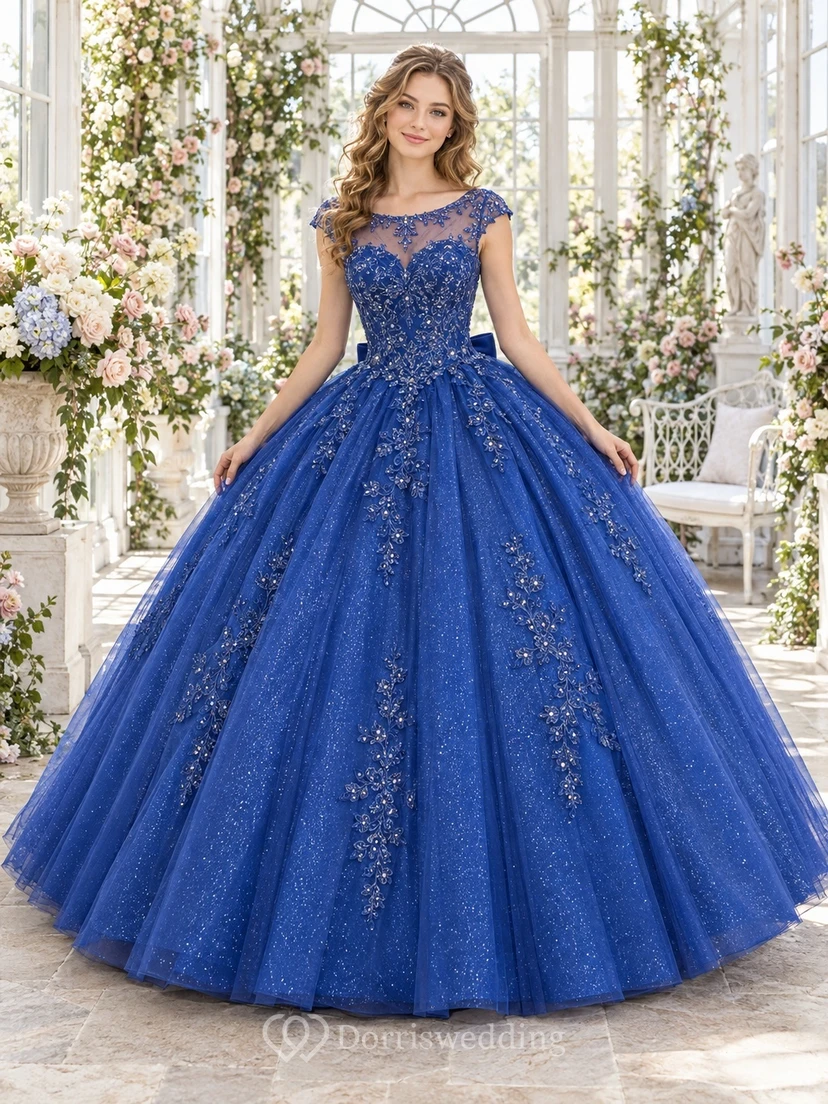 Robe de bal de quinceañera en tulle bleu roi à manches courtes et dentelle illusion