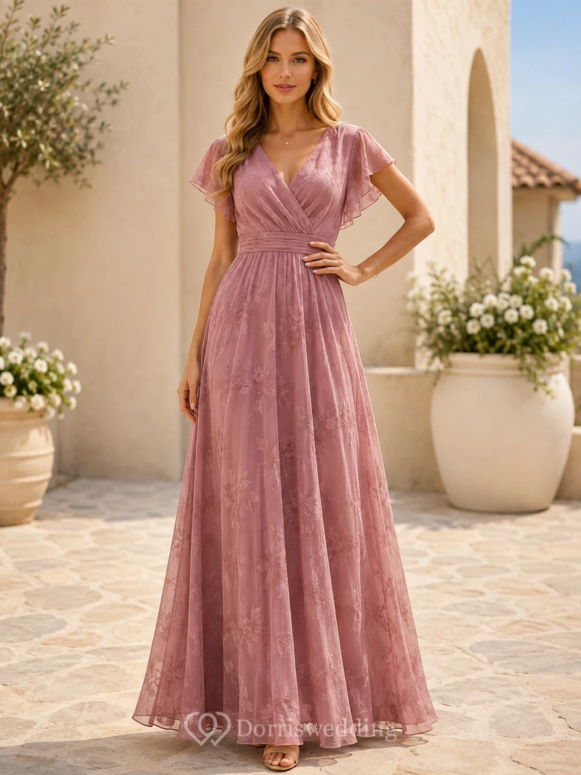 Vestido de noche formal largo hasta el suelo, de gasa rosa empolvado con escote en V y mangas acampanadas, corte en A.