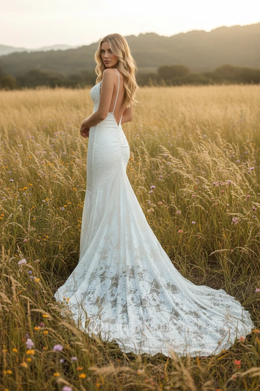 Country Spaghetti Sheer Mermaid Wedding Dress view 2