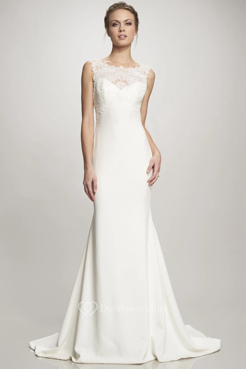Sheath Lace Sleeveless Floor-Length Bateau Satin Wedding Dress With Deep-V Back And Court Train