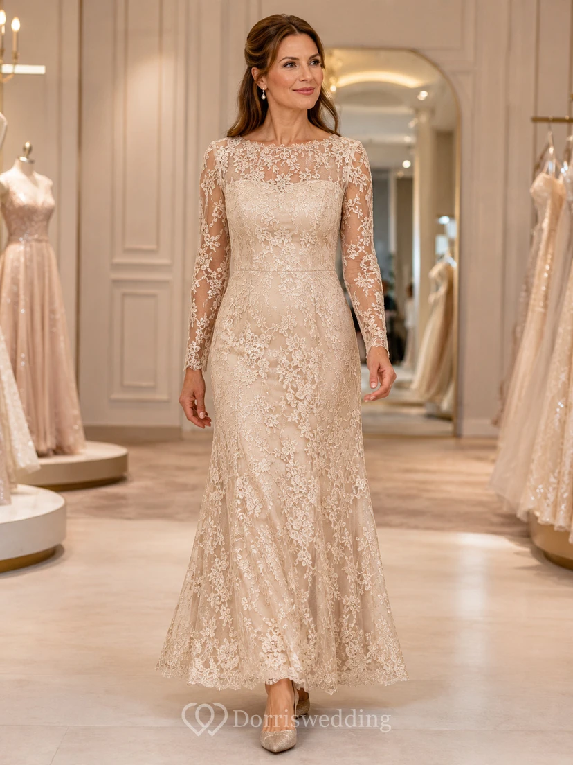 Champagne Long Sleeve Lace Mermaid Mother Tea Length Dress