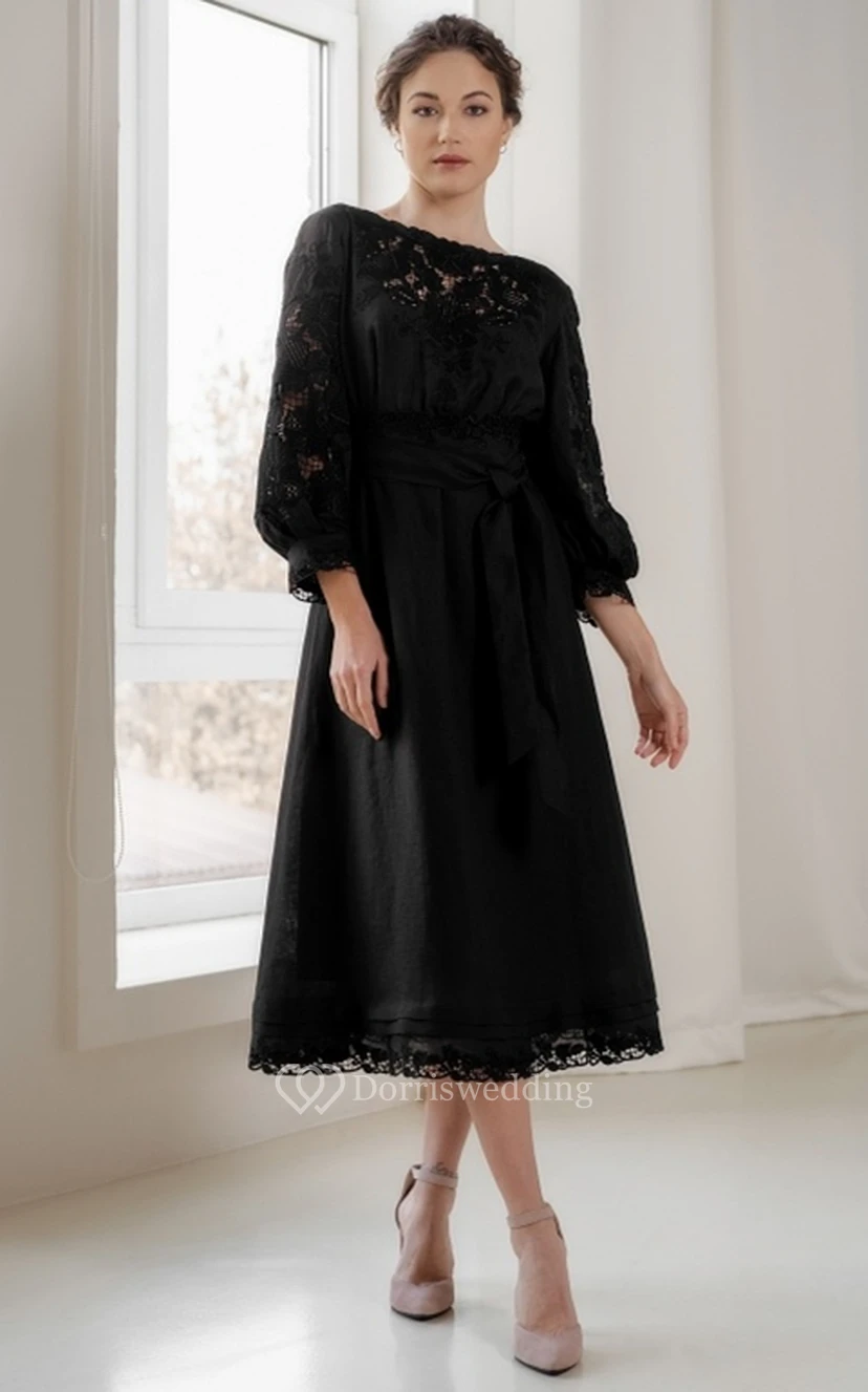 Tea-length A Line Bohemian Bateau Evening Dress with Sash view 3