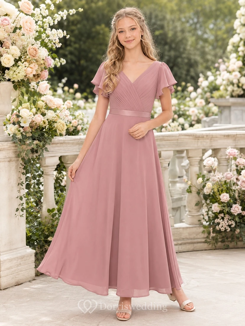 Elegantes Brautjungfernkleid in Altrosa, A-Linie, V-Ausschnitt, kurze Ärmel