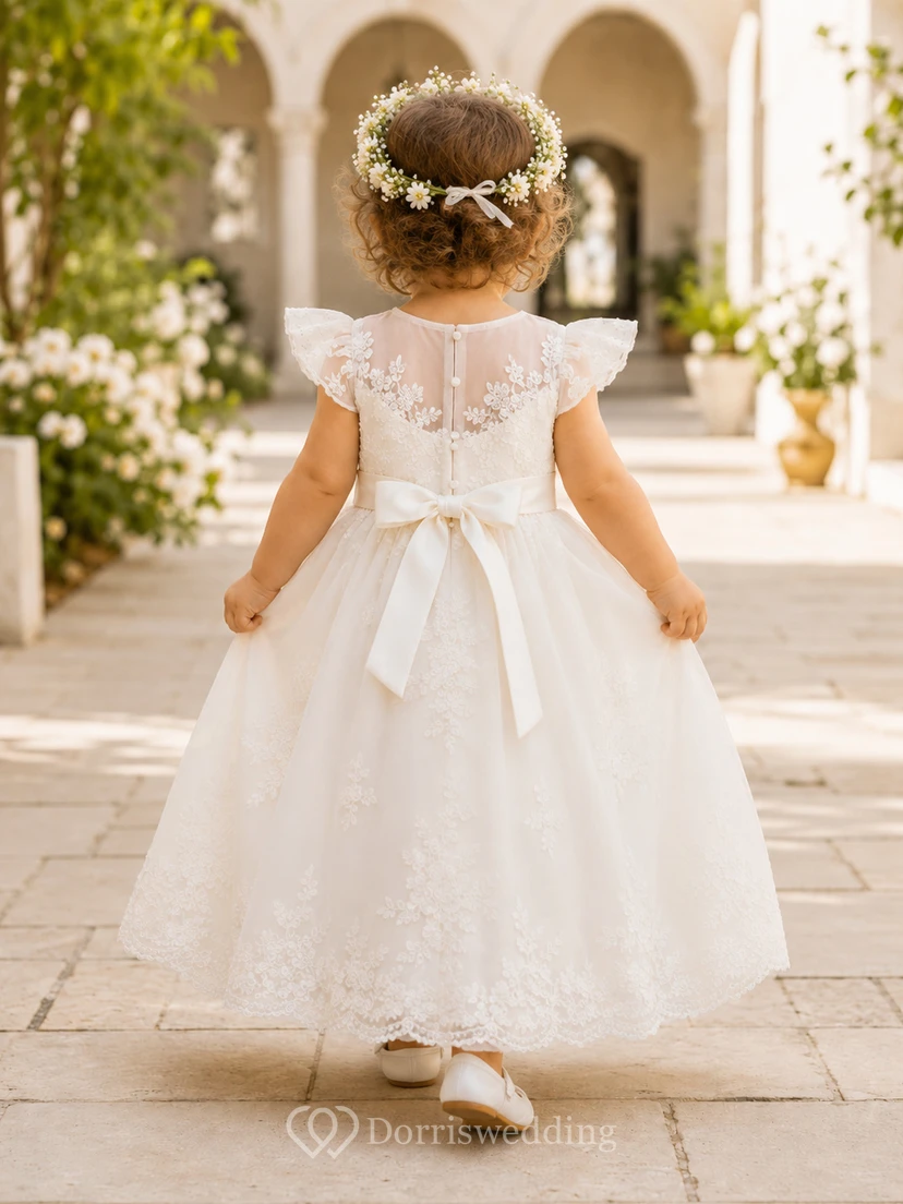 Baby Baptism Christening Ceremony Dress A-Line Ankle-Length Jewel Neck Cap Sleeve Tulle Lace Bow Back Button Back view 2