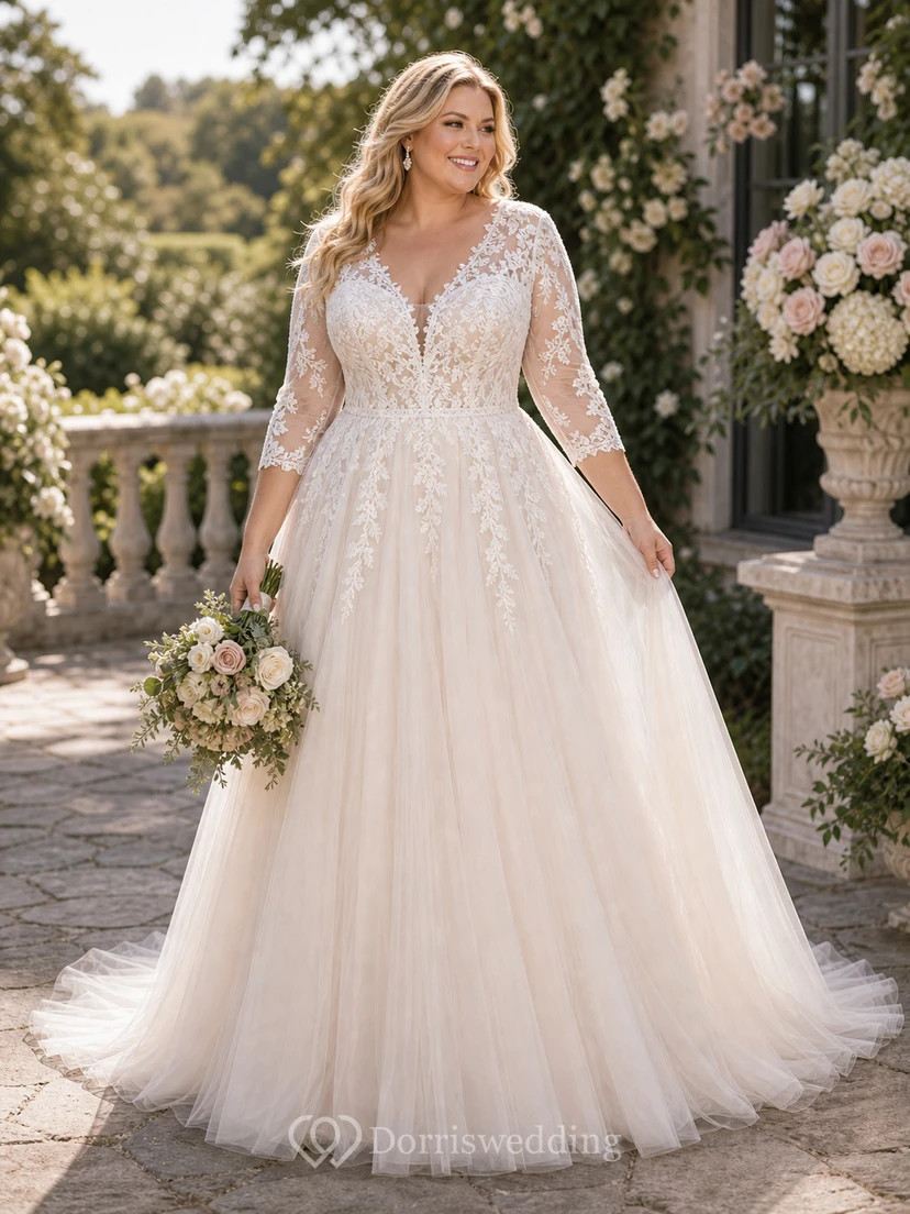 Elegante vestido de novia de corte A, largo hasta el suelo, con cola, mangas largas y apliques. video preview