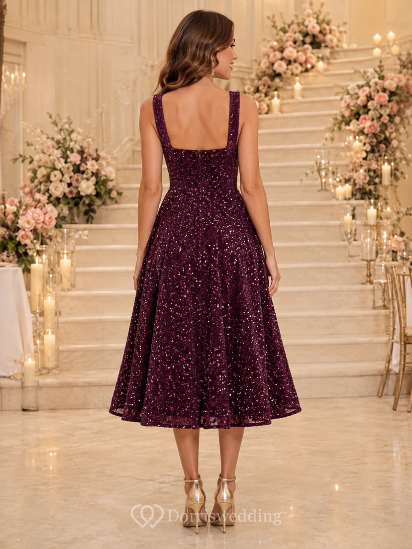 Plum Square Strap Sequin A Line Tea Formal Guest Dress view 2