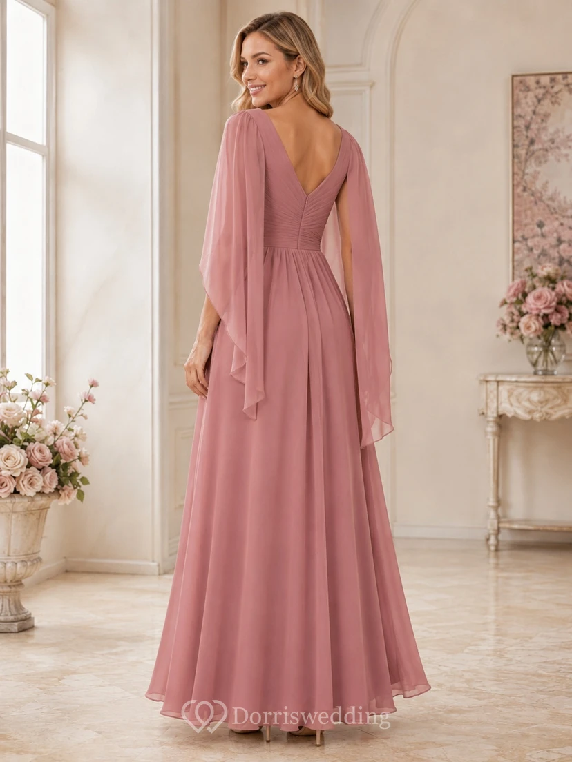 Elegante vestido de recepción de dama de honor de gasa color rosa empolvado con escote corazón, mangas tipo capa y corte en A hasta el suelo. view 2