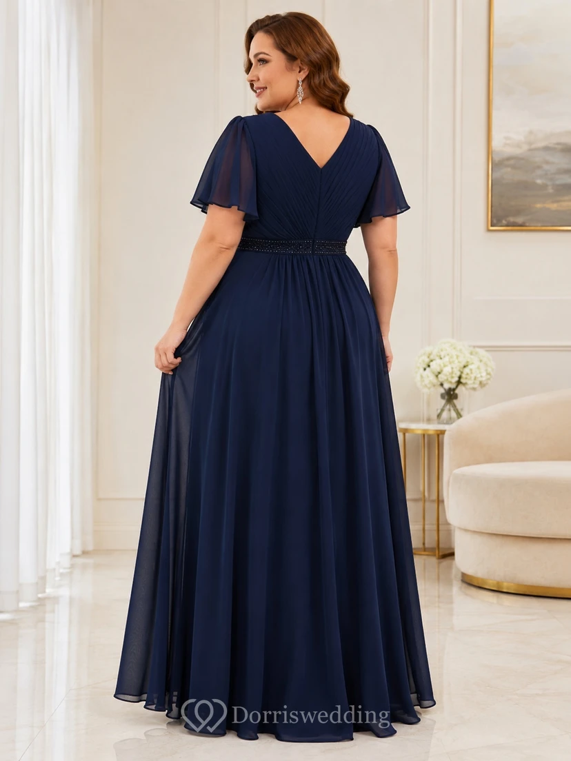 Dark Navy Chiffon V-neck Short Sleeve Floor-length A-Line Plus Size Formal Dress view 2
