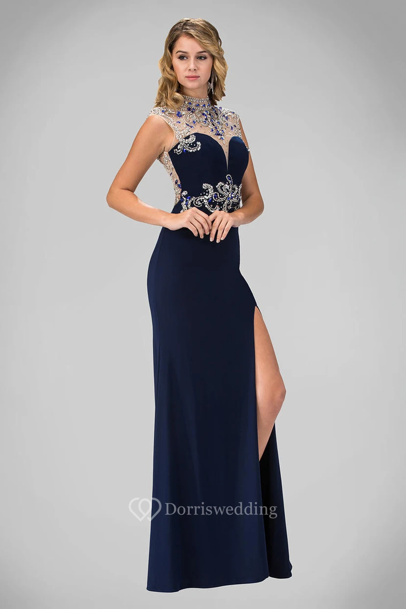 Sheath High Neck Sleeveless Jersey Keyhole Dress With Beading And Split Front