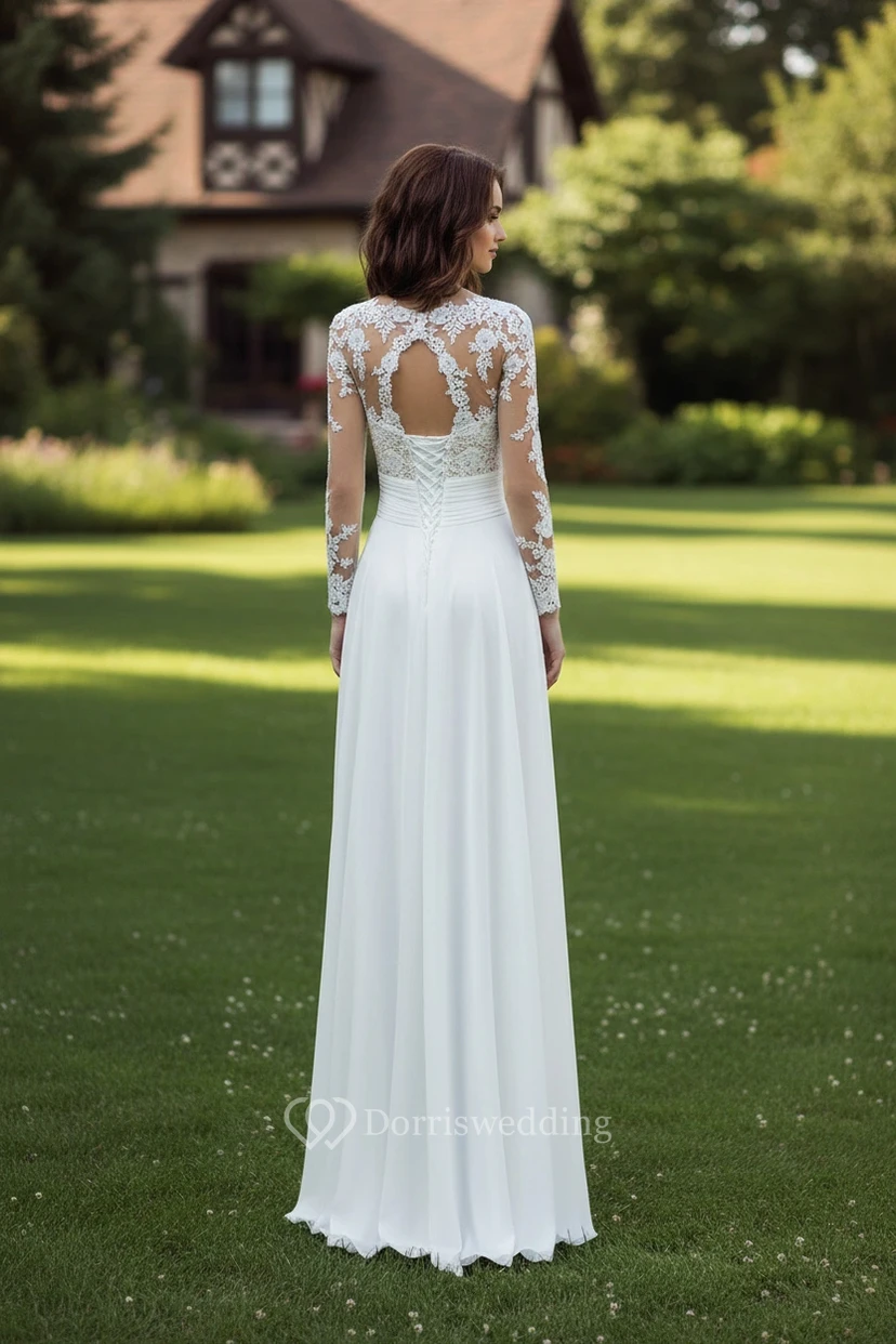 Robe de mariée moderne en dentelle à manches longues - Robe de mariée trapèze en mousseline avec fente latérale haute view 2