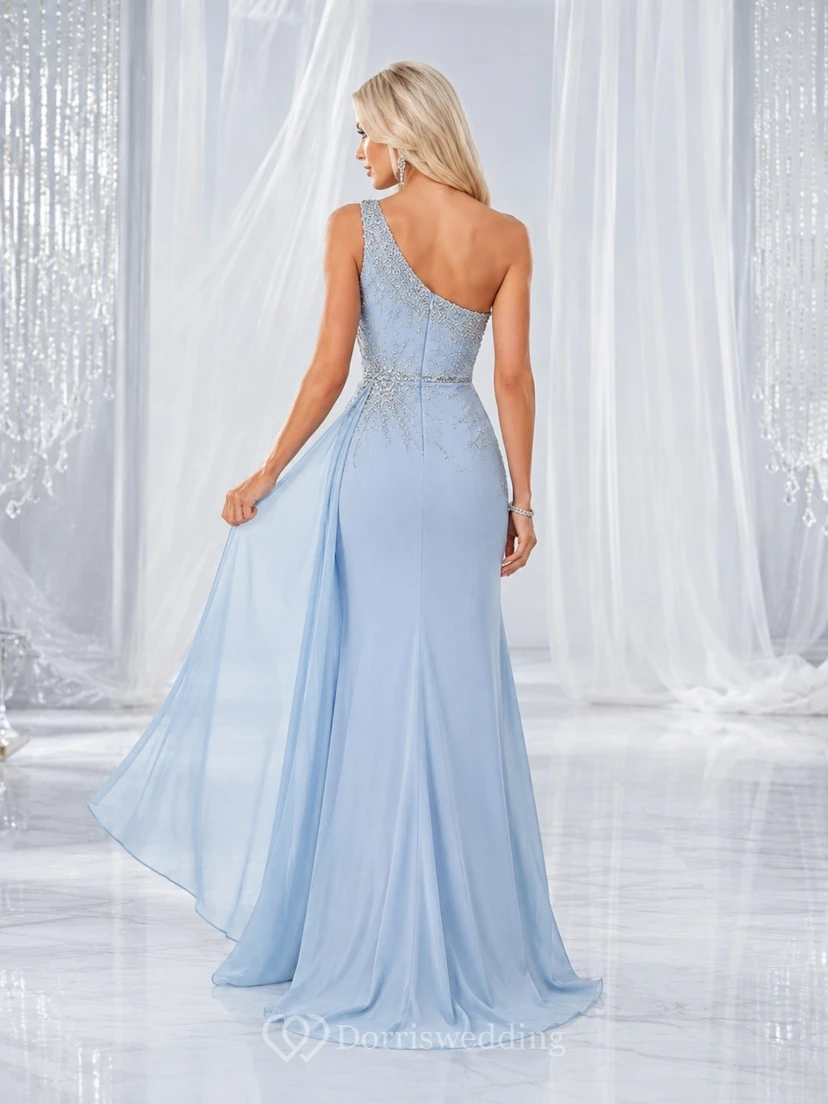 Sky Blue One-Shoulder Beaded Chiffon A-Line Split Sweep Formal Gown view 2