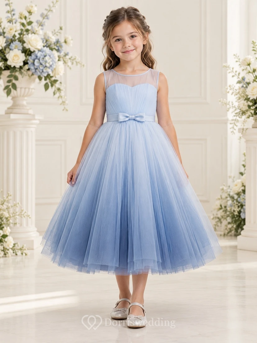 Sky Blue Sleeveless Sweetheart Illusion Pleated Tea-length A-Line Ombre Tulle Satin Bow Flowergirl Dress