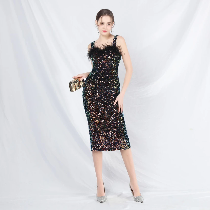Craft Ostrich Feather Velvet Sequined Evening Dress view 50