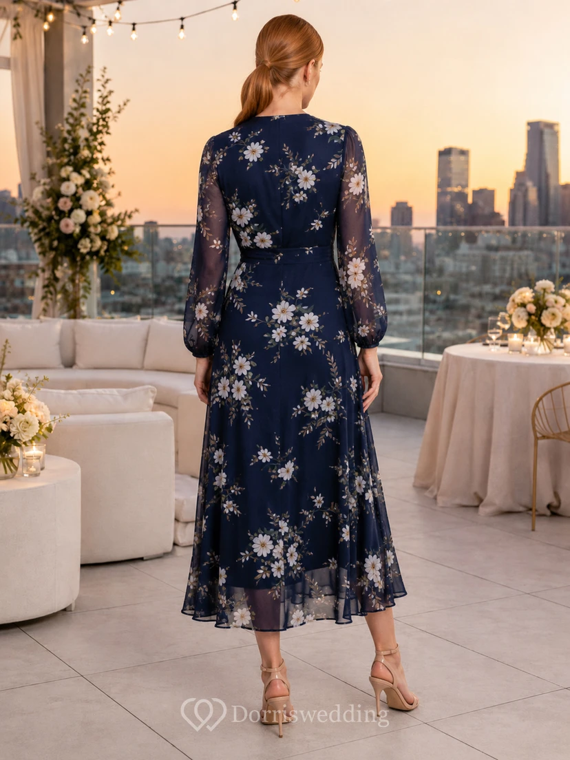Rooftop Dark Navy Floral V-Neck Chiffon A-Line Tea-Length Long Sleeve Dress view 2